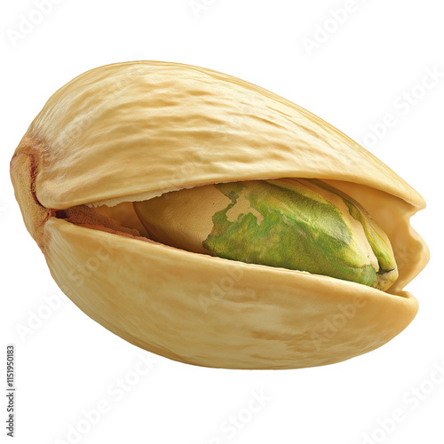 Single pistachio nut showing its green seed on transparent background
