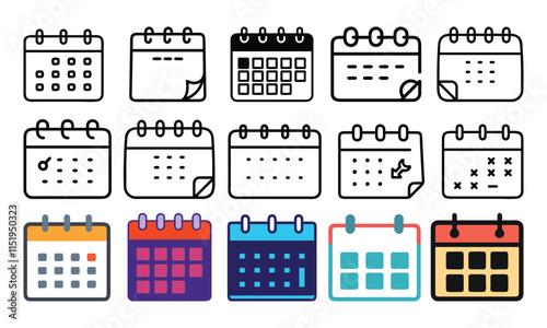 Variety of Calendar Icons in Minimalist Styles, A collection of fifteen calendar icons in both monochrome and colorful designs, symbolizing dates, schedules, planning, and organization.
