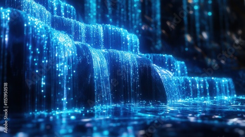 Futuristic Digital Waterfall, a shimmering cascade of vibrant blue lights flowing through a sleek, high-tech environment, mesmerizing and serene