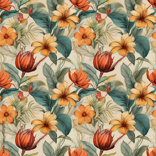 Botanical drawings of colorful flowers and herbs in a seamless pattern for creative projects