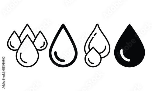 Minimalist Water Droplet Icon Set, A collection of water droplet icons in clean, minimalist styles, perfect for themes related to water, purity, nature, and sustainability.
