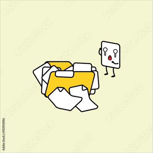 Cartoon illustration depicts a disorganized yellow folder.Vector design. Eps 10.