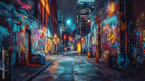 Neon Graffiti Alley, a vibrant urban space teeming with colorful street art and illuminated tech, embodying a futuristic cyberpunk aesthetic photo