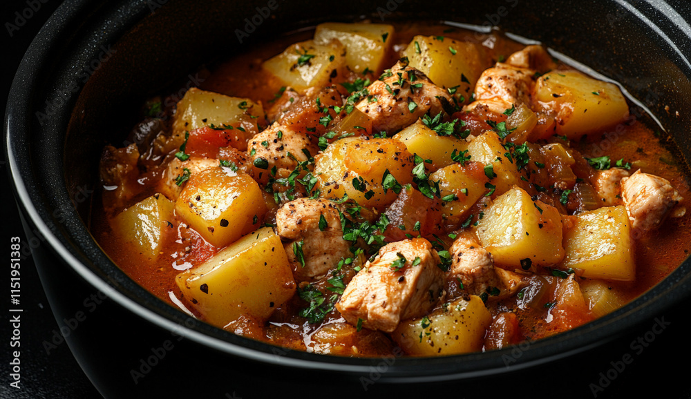 Culinary photography of chicken and potato stew in a slow cooker, low-angle shot, natural lighting, black background. Culinary photography of chicken and potato stew in a slow cooker, low-angle shot, natural lighting, black background.