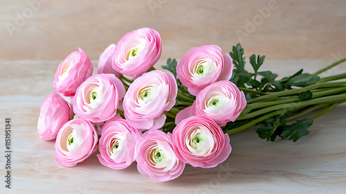 Wallpaper Mural A bouquet of soft pink ranunculus flowers arranged elegantly, showcasing their delicate petals and lush greenery against a subtle background. Torontodigital.ca
