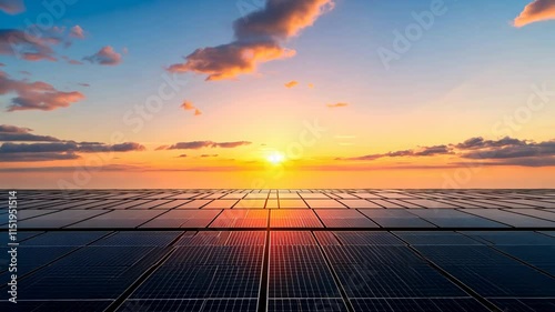 Stunning Sunset Over Solar Panels with Vibrant Colors and Cloudy Sky