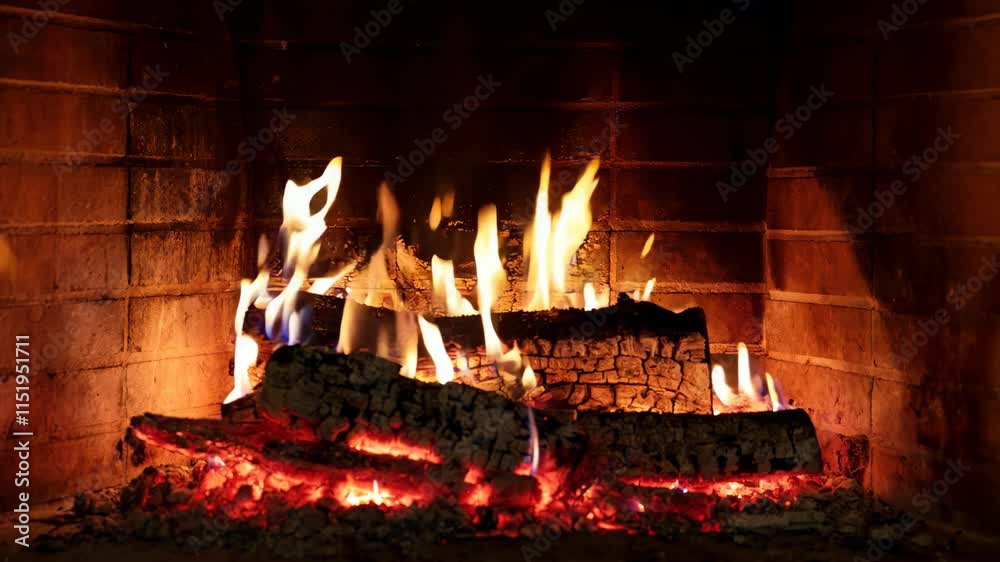 Fire burning in fireplace. Warm home in winter, Christmas holiday Fire burning in fireplace. Warm home in winter, Christmas holiday