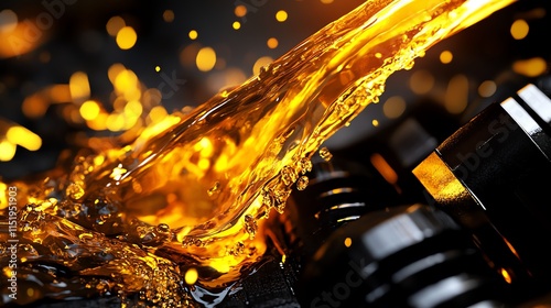 Close-up of golden oil pouring onto engine gears, capturing the essence of mechanical lubrication.