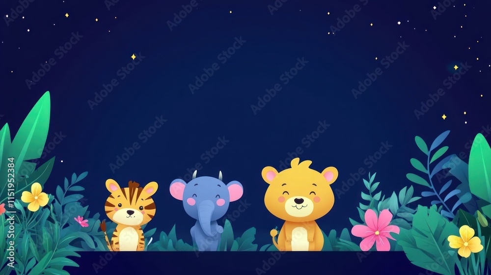 Fototapeta premium Adorable Jungle Animals Under the Night Sky