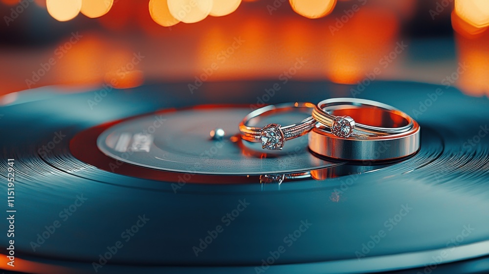 Wedding rings on a spinning vinyl record romantic setting photographic artwork cozy atmosphere close-up view love symbolism for engagement and marriage Wedding rings on a spinning vinyl record romantic setting photographic artwork cozy atmosphere close-up view love symbolism for engagement and marriage