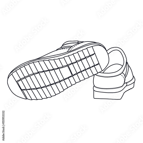 Women's Mules Slip-On House Slippers with Memory Foam shoes Line art, Technical sketch hand drawing outline vector doodle rear and bottom view isolated on white background for coloring page
