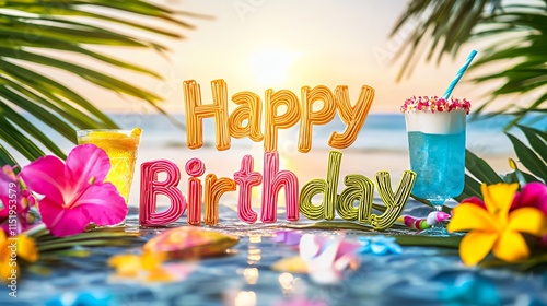 Tropical Birthday Celebration: A vibrant beach scene with colorful Happy Birthday lettering, tropical drinks, and flowers. Perfect for a summer birthday celebration.