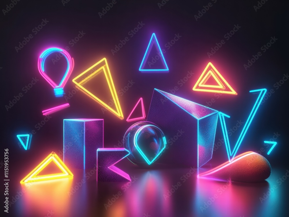 Neon Colorful Geometric Shapes in Abstract Background with Vibrant Effect