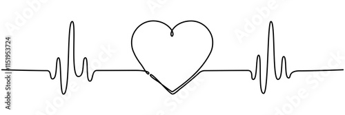 Heartbeat cardiogram continuous line drawing. Heart pulse and rhythm symbol. Healthcare concept. Vector illustration isolated on white.