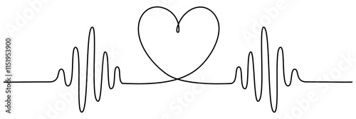 Heartbeat cardiogram continuous line drawing. Heart pulse and rhythm symbol. Healthcare concept. Vector illustration isolated on white.