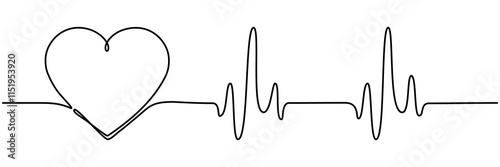 Heartbeat cardiogram continuous line drawing. Heart pulse and rhythm symbol. Healthcare concept. Vector illustration isolated on white.