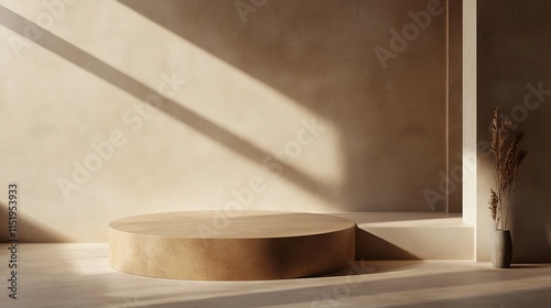 Brown background podium stage for refined product display in a neutral aesthetic empty room with warm earthy tone walls, subtle shadow lighting photo