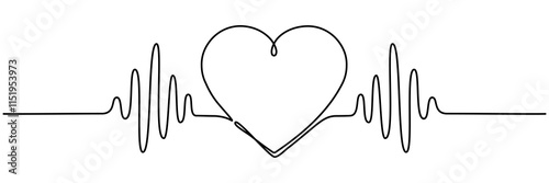 Heartbeat cardiogram continuous line drawing. Heart pulse and rhythm symbol. Healthcare concept. Vector illustration isolated on white.