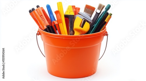 a large bucket filled with construction tools, isolated white background.