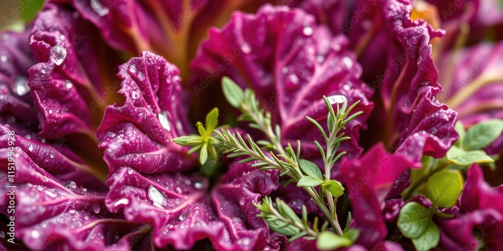 A closeup of vibrant magenta-colored leaves with droplets of water, accompanied by sprigs of fresh green herbs. A closeup of vibrant magenta-colored leaves with droplets of water, accompanied by sprigs of fresh green herbs.