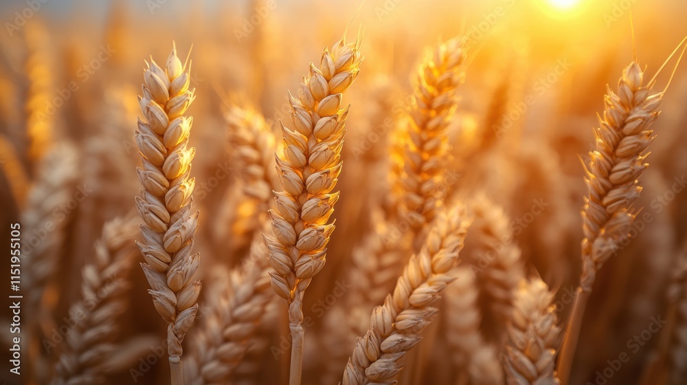 Close-up of golden wheat ears in a sunlit field, with shimmering bokeh effects and rich details of ripe grains, symbolizing the beauty of nature, harvest season, and rural life Close-up of golden wheat ears in a sunlit field, with shimmering bokeh effects and rich details of ripe grains, symbolizing the beauty of nature, harvest season, and rural life