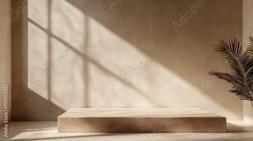 Brown background podium stage for refined product display in a neutral aesthetic empty room with warm earthy tone walls, subtle shadow lighting photo