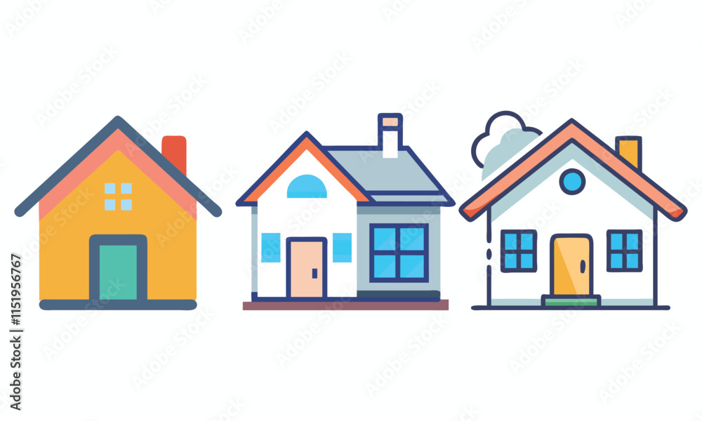 Colorful Illustrations of Three Houses, A set of three colorful house illustrations showcasing different home designs, perfect for real estate, architecture, or housing concepts.
Colorful Illustrations of Three Houses, A set of three colorful house illustrations showcasing different home designs, perfect for real estate, architecture, or housing concepts.