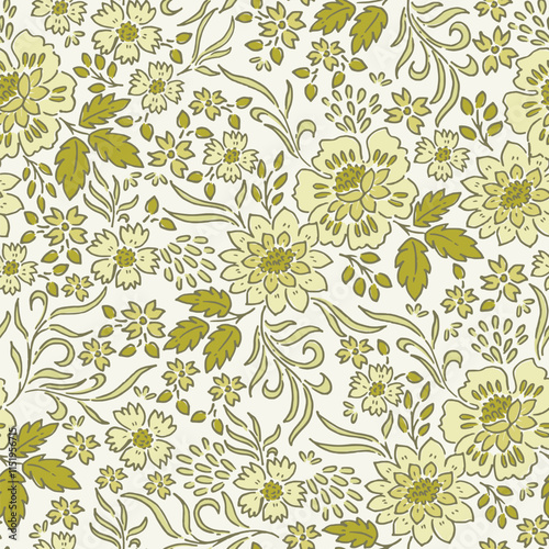 Beautiful Hand drawn Green Roses and Wild Flowers Chintz Pattern