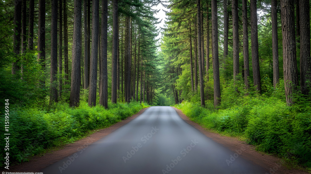 Quiet forest road in Portland Oregon surrounded by tall pine trees and lush green foliage
