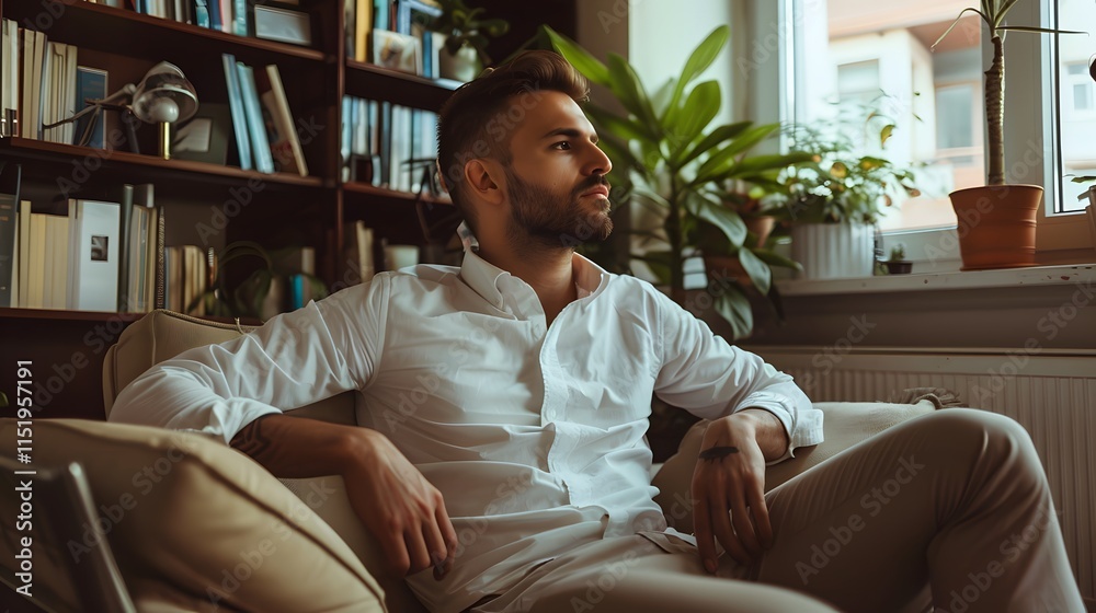 Obraz premium Thoughtful man relaxing in a cozy living room surrounded by plants