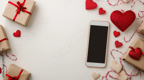 Phone with isolated screen on background of gifts, valentines day concept.