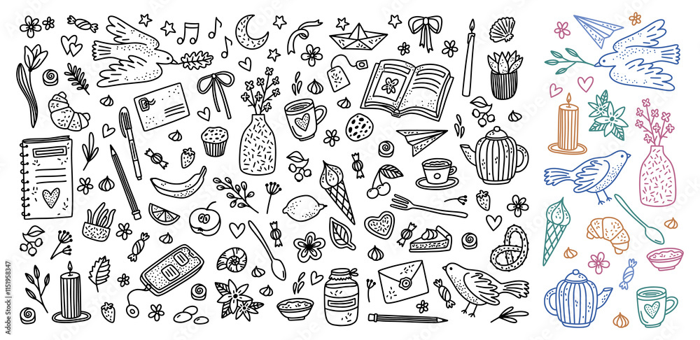 Obraz premium Cute flowers. Hand drawn frame decoration, birthday silhouettes with gift, cafe and cherry. Girly botanical elements for cards and posters. Cute birds and food. Woman lifestyle. Vector icons