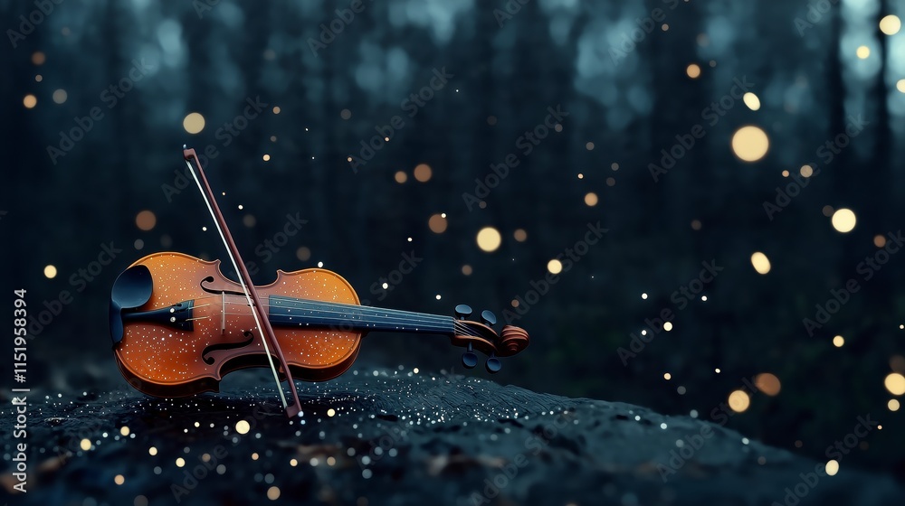 Fototapeta premium A Captivating Violin with Strings Crafted from Rainbows, Set Against a Dreamy Background of Soft Lights and Lush Nature in a Fantasy Environment