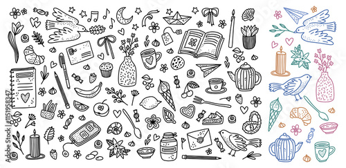 Cute flowers. Hand drawn frame decoration, birthday silhouettes with gift, cafe and cherry. Girly botanical elements for cards and posters. Cute birds and food. Woman lifestyle. Vector icons