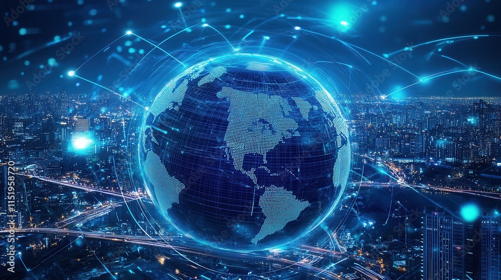 Futuristic Globalization Hub, a digital globe encircled by advanced transport networks and vibrant trade routes, embodying interconnectedness. Futuristic Globalization Hub, a digital globe encircled by advanced transport networks and vibrant trade routes, embodying interconnectedness.