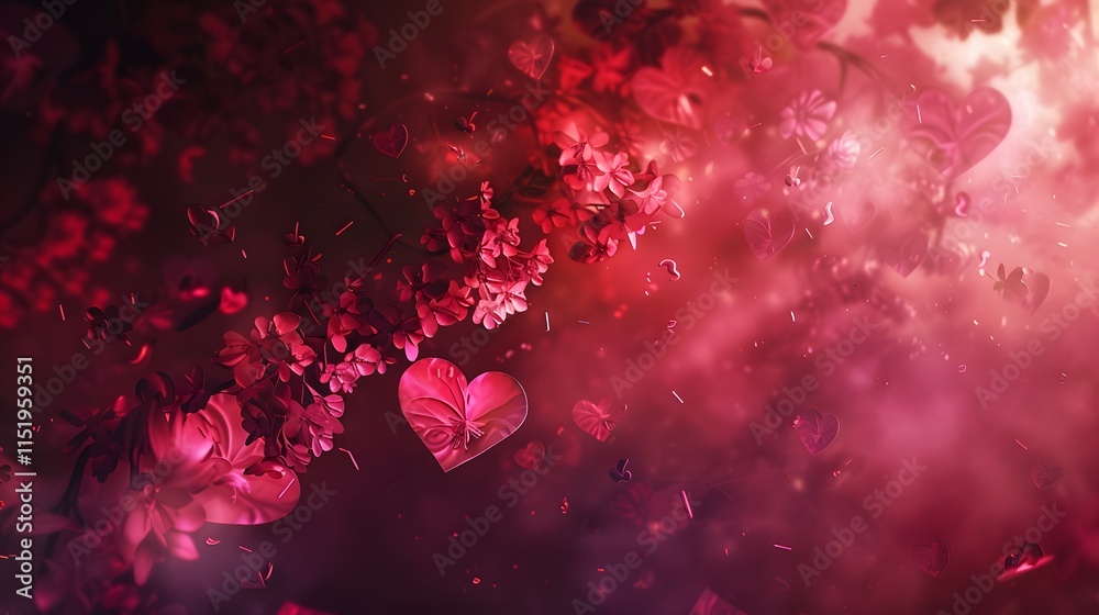 Romantic Floral Background with Hearts and Soft Red Lights Romantic Floral Background with Hearts and Soft Red Lights