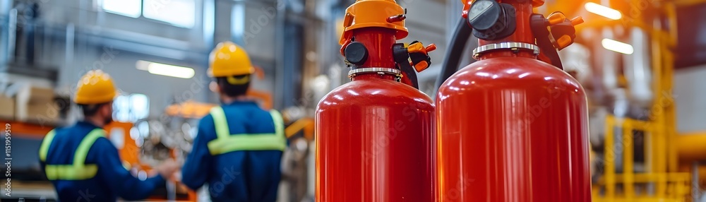 Two fire extinguishers in an industrial setting with workers nearby. Two fire extinguishers in an industrial setting with workers nearby.