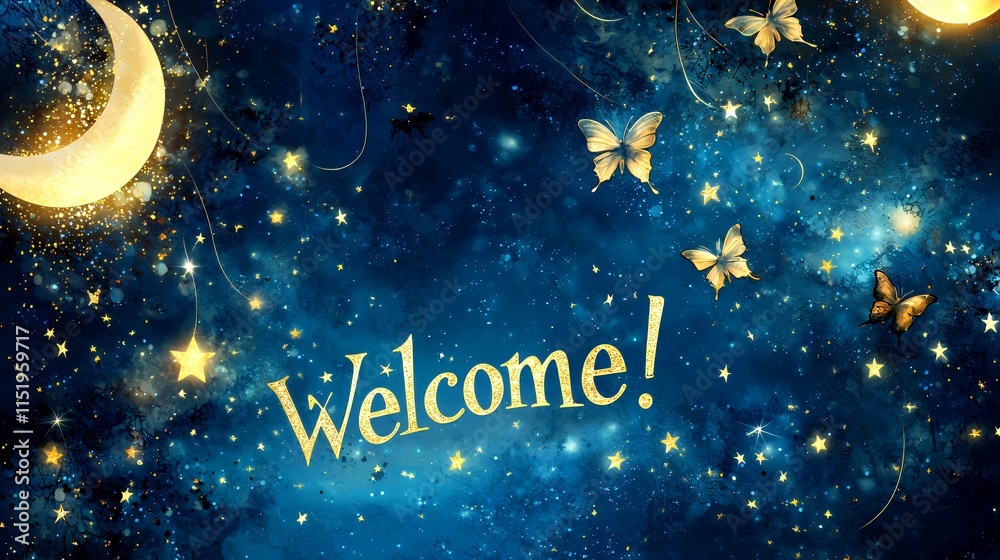 Naklejka premium Welcome to a Magical Night Sky: Stars, Moon, Butterflies