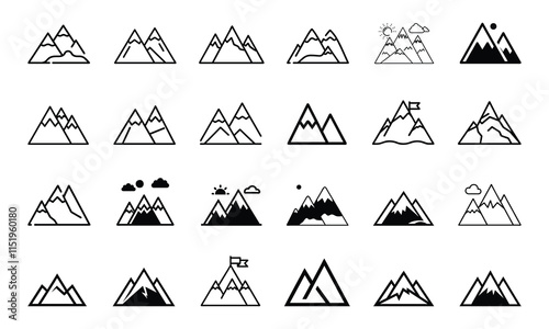 A collection of mountain illustrations in monochrome style, showcasing peaks, flags, and clouds, ideal for travel, adventure, or nature themes.  
