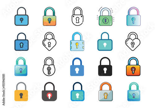 A versatile set of padlock illustrations in various styles and colors, symbolizing security, protection, privacy, and access control.  

