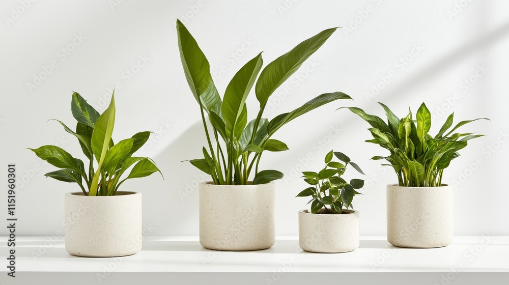 Fototapeta premium Modern Indoor Desk Setup with Lush Green Plants in Minimalist Pots Illuminated by Soft Natural Light for a Refreshing and Productive Workspace Aesthetic