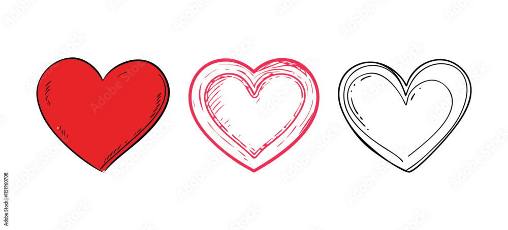 Set of three heart illustrations in different styles: solid red, outlined with red sketch lines, and black-and-white outline, symbolizing love and emotions.
Set of three heart illustrations in different styles: solid red, outlined with red sketch lines, and black-and-white outline, symbolizing love and emotions.