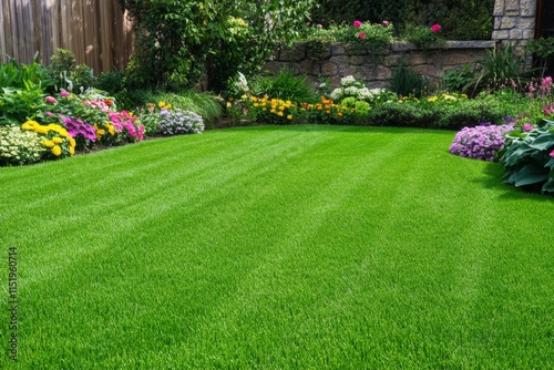 A freshly mowed lawn with perfectly even grass, surrounded by colorful flower beds on a sunny day