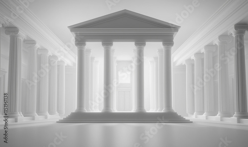 A minimalist icon of a courthouse fa  ade with columns  rendered in sleek grayscale.