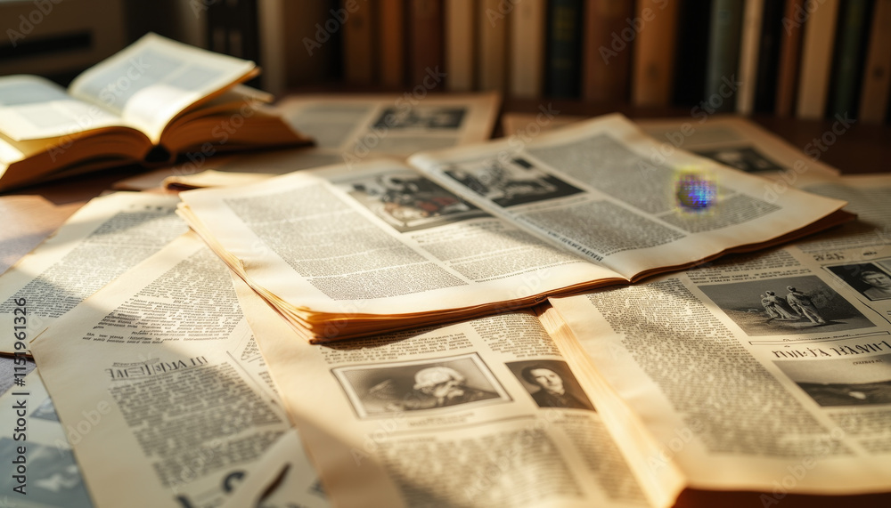 Obraz premium Vintage newspapers spread across a wooden table, capturing moments of history, light streaming softly through a window