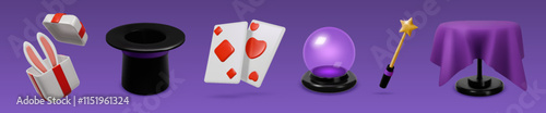 3D magic icons. Casino ace. Circus conjuror. Oracle ball or hat. magician Fortune card. Crystal telling show. Box with rabbit ears. Table for illusionists trick. Vector render elements set