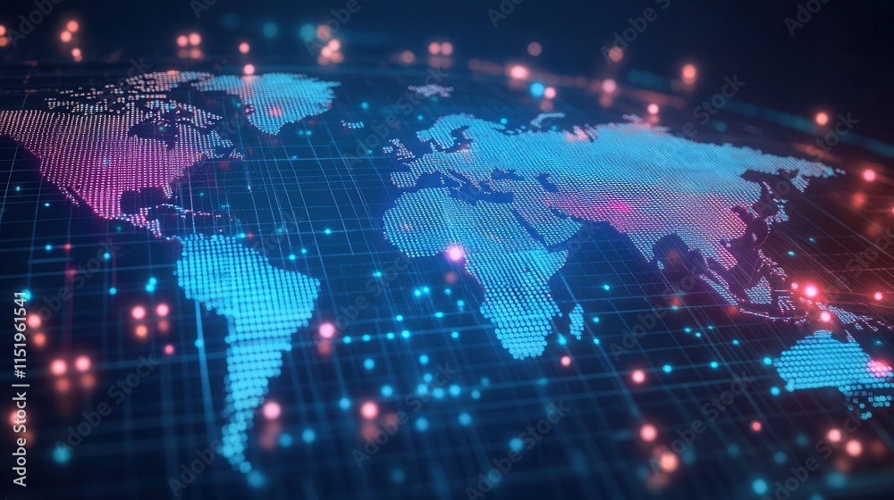 Fototapeta premium Interactive 3D world map showcasing global trade activity through vibrant data points and dynamic visualizations.
