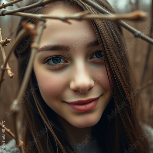 Close-up portrait of a young woman with long brown hair, smiling gently.  Bare branches frame her face, creating a natural, whimsical mood.