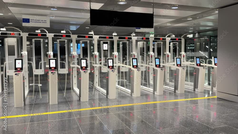 Zurich, Switzerland, December 15, 2024: PAN SHOT - Empty self-service e-Passport control at Swiss Airport Zürich Kloten at night. Automated passport border control e-gates.