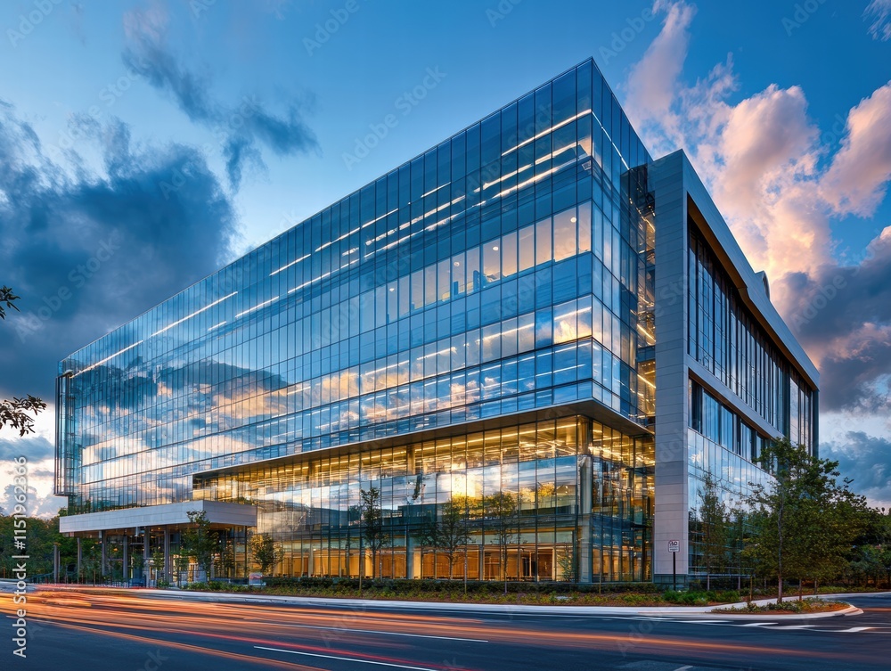 Obraz premium Exploring modern corporate building urban area architectural showcase evening setting wide angle geometric design